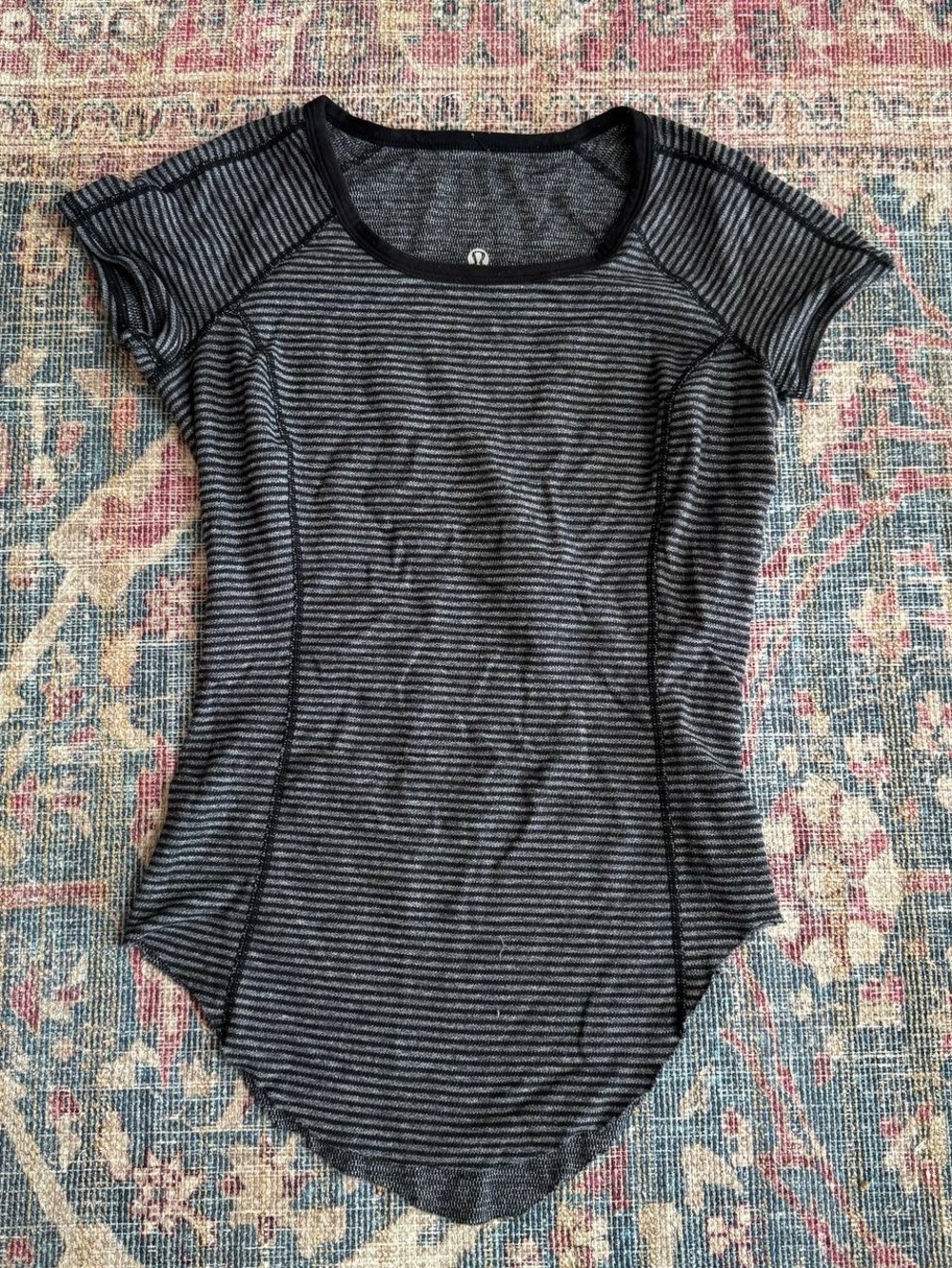 lululemon athletica Black & Gray Striped Short Sleeve Scoop Tee
